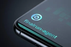 Extreme close-up of a smartphone corner angled engraved into this surface is the text Finalrun-agent.
