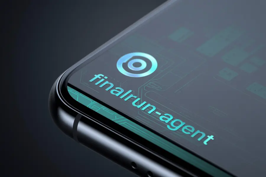 Extreme close-up of a smartphone corner angled engraved into this surface is the text Finalrun-agent.