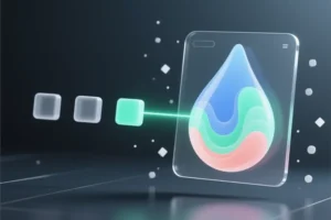 Floating interface panel shaped like a sleek digital droplet of swirling liquids of pastel blue mint green and soft coral.