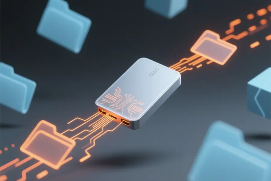 Focus of an external hard drive hovering in the center with glowing orange data streams flowing outwards.