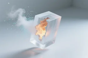 Frosted glass rectangular monolith floating with a significant portion of the left side of the monolith is missing dissolved into a fine mist.