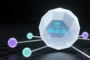 Geometric sphere constructed from interlocking matte white panels where the large sphere represents the centralized command hub.