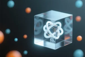 Glass cube that holds a complex elegant knot of luminous white wires glows softly.