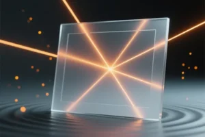 Glass frame intersected by sharp bright amber radial light beams that selectively illuminate only specific moving segments.