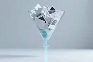 Glass funnel floating against a soft pale grey background Entering the wide top of the funnel are chaotic crumpled white papers.