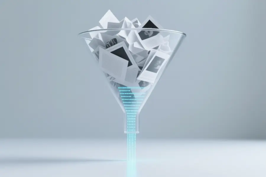 Glass funnel floating against a soft pale grey background Entering the wide top of the funnel are chaotic crumpled white papers.