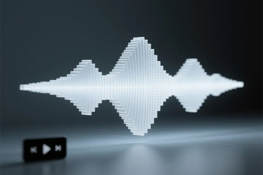 Horizontal sound wave bar made of frosted white glass, floating centrally against a deep matte charcoal background.