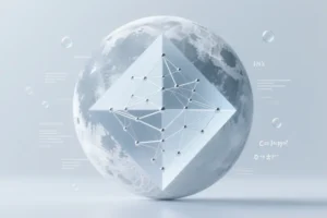 Huge matte surface of the moon texture geometric prism floating centrally with complex network of glowing silver lines.