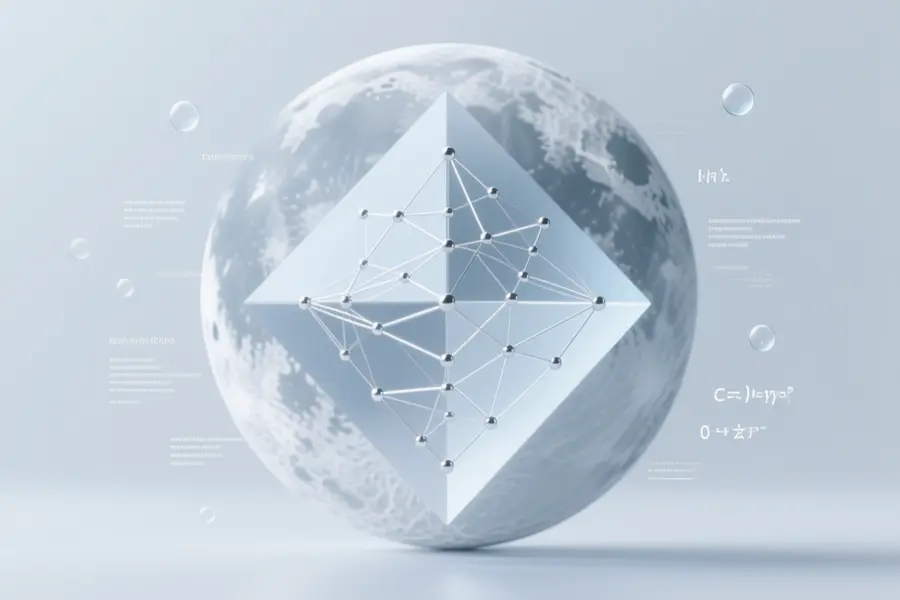 Huge matte surface of the moon texture geometric prism floating centrally with complex network of glowing silver lines.