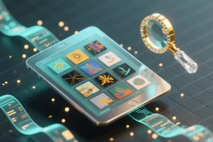 Intricate isometric 3D illustration of a digital library floating in a void where the central focus is a sleek large transparent tablet.