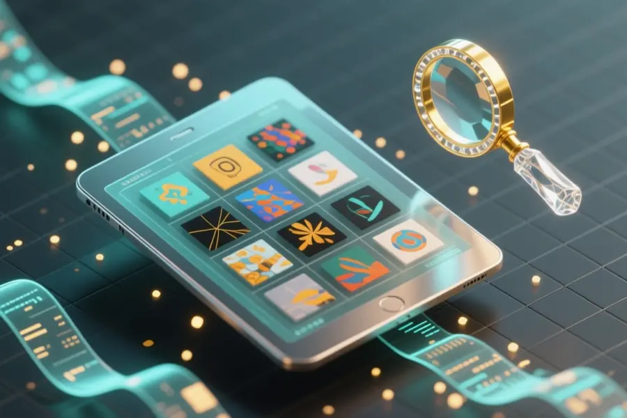 Intricate isometric 3D illustration of a digital library floating in a void where the central focus is a sleek large transparent tablet.