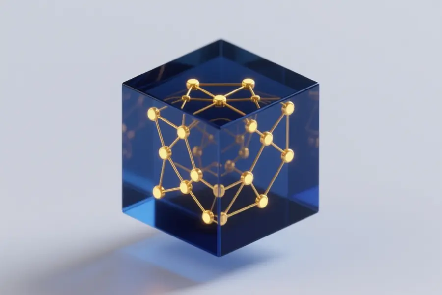 Isometric view of a translucent dark blue cube floating in the center inside the cube a complex web of glowing gold nodes and lines forms.