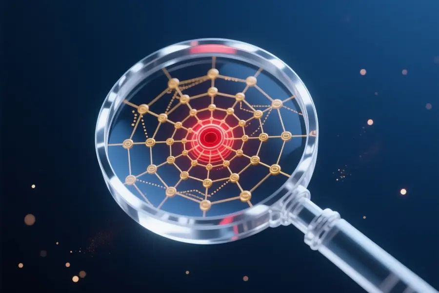 Large agnifying glass made of polished translucent crystal focuses on a pulsing bright crimson node.