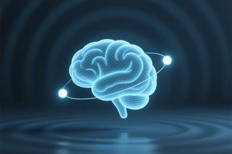 Large blue floating translucent brain with ring around it