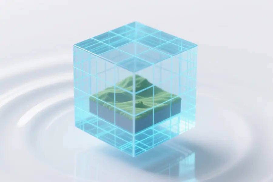 Large floating translucent cube constructed from fine glowing blue mesh lines forming a digital lattice structure around a tiny landscape terrain
