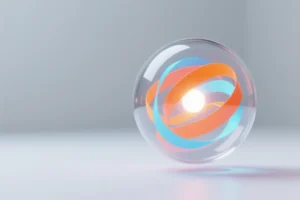 Large glass sphere with vibrant ribbons of neon orange and soft blue light swirl together.