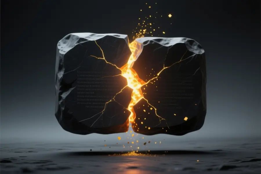 Large heavy rectangular monolith of rough matte black stone cracking open symbolizing restriction or filters.