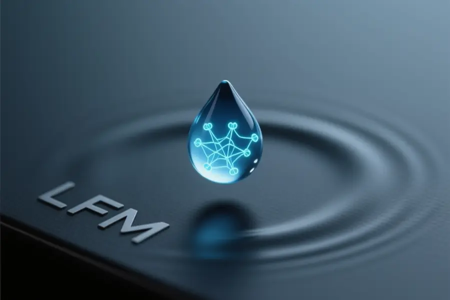 Macro close-up of a small translucent azure droplet suspended in the center of the frame representing a compact model.