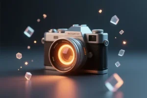 Macro shot of a camera surrounded by floating colorful shapes