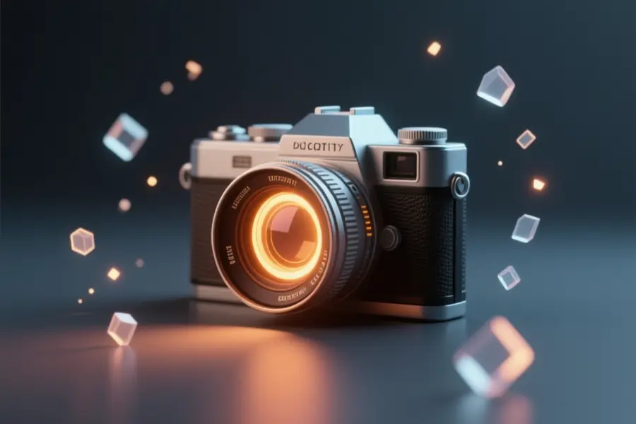 Macro shot of a camera surrounded by floating colorful shapes