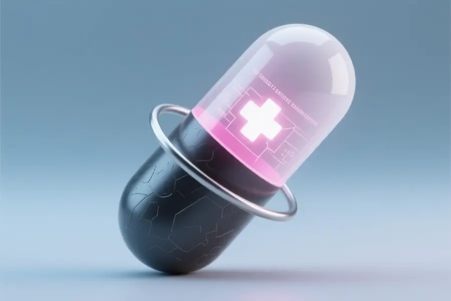 Medical capsule icon angled with the upper half of the capsule in pink-tinted glass and the lower half slate metal.