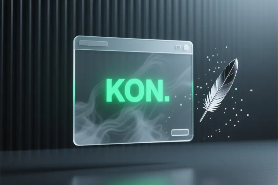 Minimalist 3D render of a digital terminal interface with bright neon green text that reads KON.