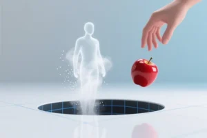 Minimalist 3D render of physics where a ghostly silhouette of a figure is dissolving into a void where a shiny red apple is captured mid-air.