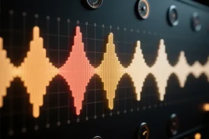 One firey horizontal audio waveform strip with a mixing console channel