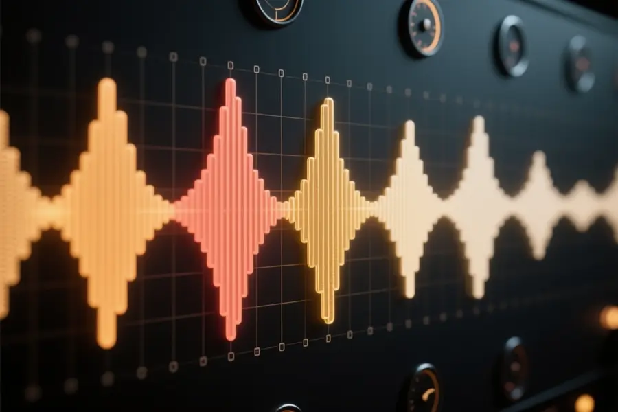 One firey horizontal audio waveform strip with a mixing console channel