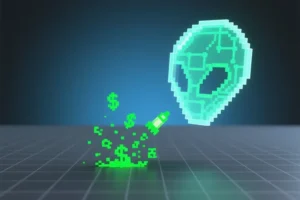 Pixel art alien invader composed entirely of digital workflow nodes connected by faint glowing lines with small pixel projectiles firing upwards.