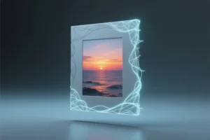 Rectangular floating canvas frame that displays a vibrant realistic ocean sunset scene.