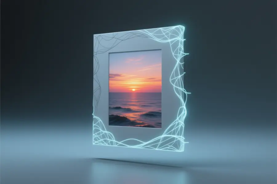 Rectangular floating canvas frame that displays a vibrant realistic ocean sunset scene.