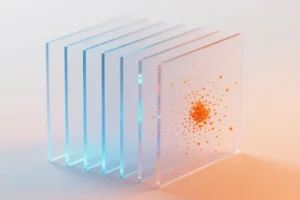 Seven distinct translucent thin glass panels stacked with a small gap between each one.