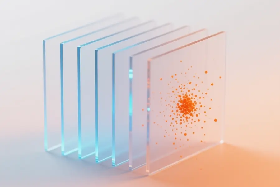 Seven distinct translucent thin glass panels stacked with a small gap between each one.