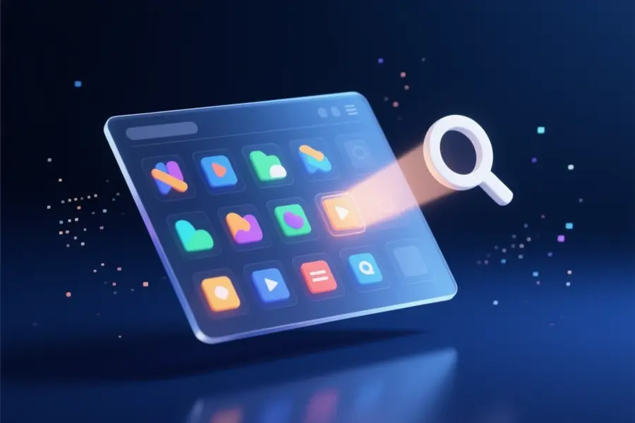 Sleek angled panel features a neatly organized grid of small glowing colorful abstract shapes and thumbnails.