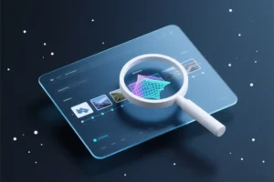 Sleek digital interface panel angled slightly to reveal its surface where the screen represents a workflow.