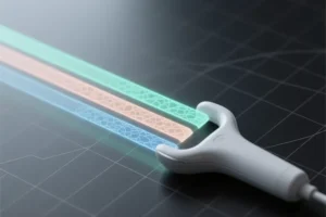 Sleek medical ultrasound probe resting diagonally the probe emits three distinct translucent ribbons of light extending leftward.