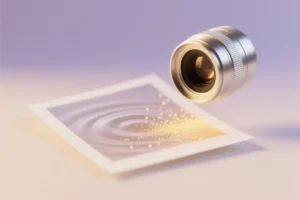 Sleek polished silver camera lens hovering a photograph where the golden light touches the photo with tiny bright particles.