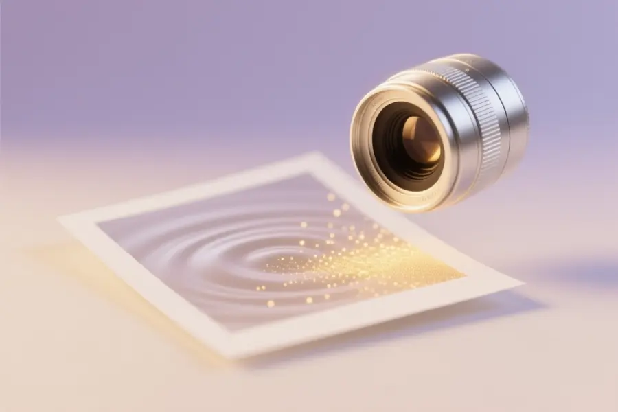 Sleek polished silver camera lens hovering a photograph where the golden light touches the photo with tiny bright particles.