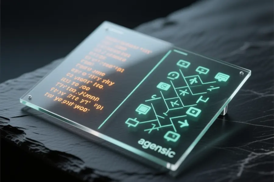 Sleek translucent command panel represents Agensic rests on a smooth dark slate surface.