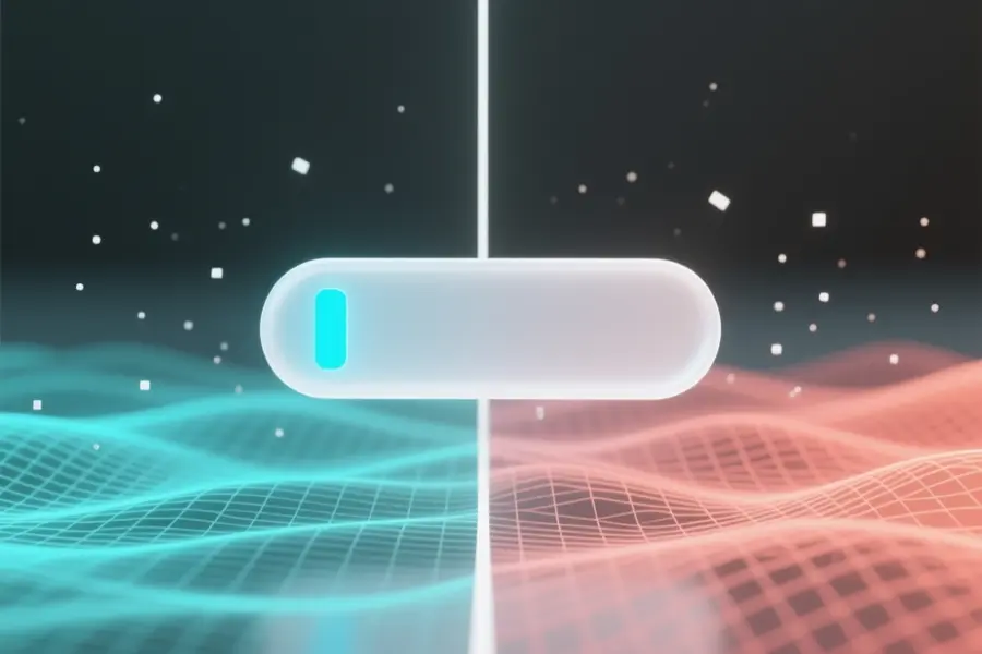 Slider handle made of white frosted glass with a glowing blue vertical core with a thin white vertical line extends from the slider down the composition.