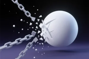 Smooth matte white sphere represents the core model clean and unobstructed with shattered translucent grey digital chains.