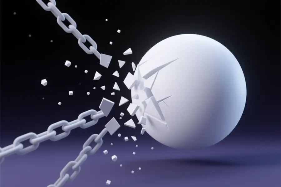 Smooth matte white sphere represents the core model clean and unobstructed with shattered translucent grey digital chains.