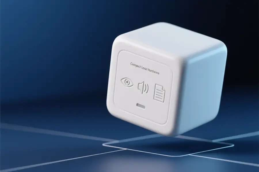 Smooth off-white ceramic cube floating and features a minimalist embossed interface showing a trio of icons.