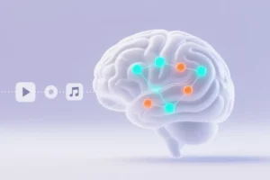 Smooth translucent white brain model where glowing nodes of teal and orange light represent active data points shining through.