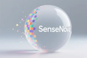 Sphere composed of tiny vibrant colorful square pixels and white typographic letters on the right side the reads SenseNova.