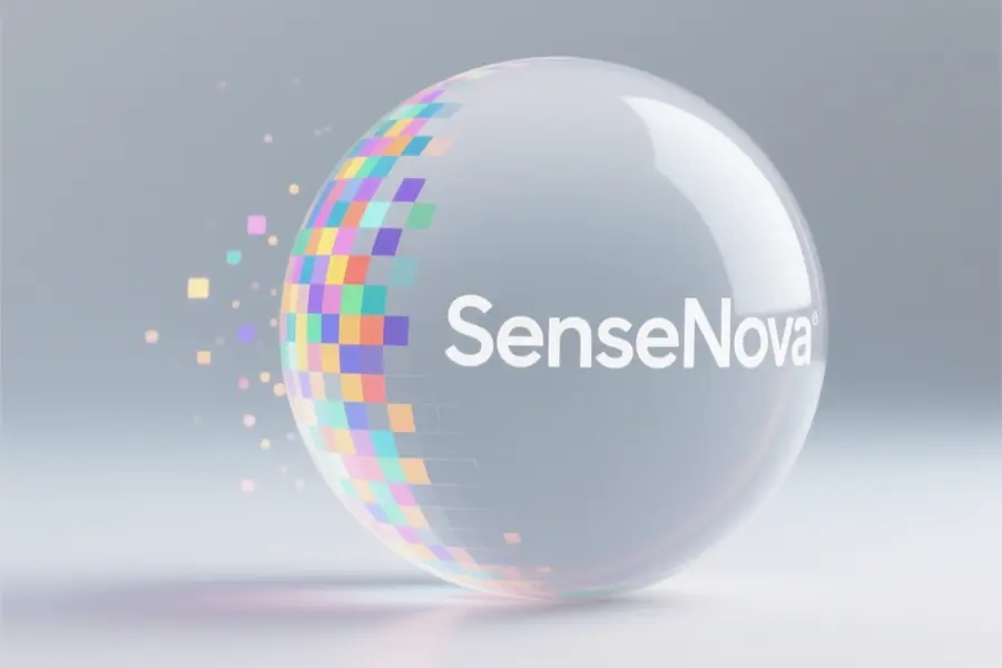 Sphere composed of tiny vibrant colorful square pixels and white typographic letters on the right side the reads SenseNova.