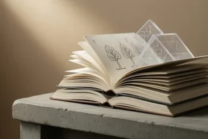 Stacked open notebooks and translucent geometric shapes resting on a flat concrete desk.