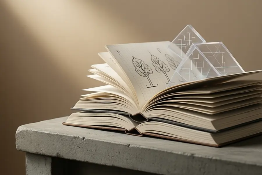 Stacked open notebooks and translucent geometric shapes resting on a flat concrete desk.