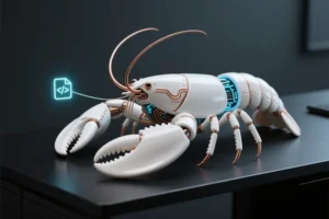 Stylized mechanical lobster constructed from polished white ceramic plates and thin copper circuit lines.